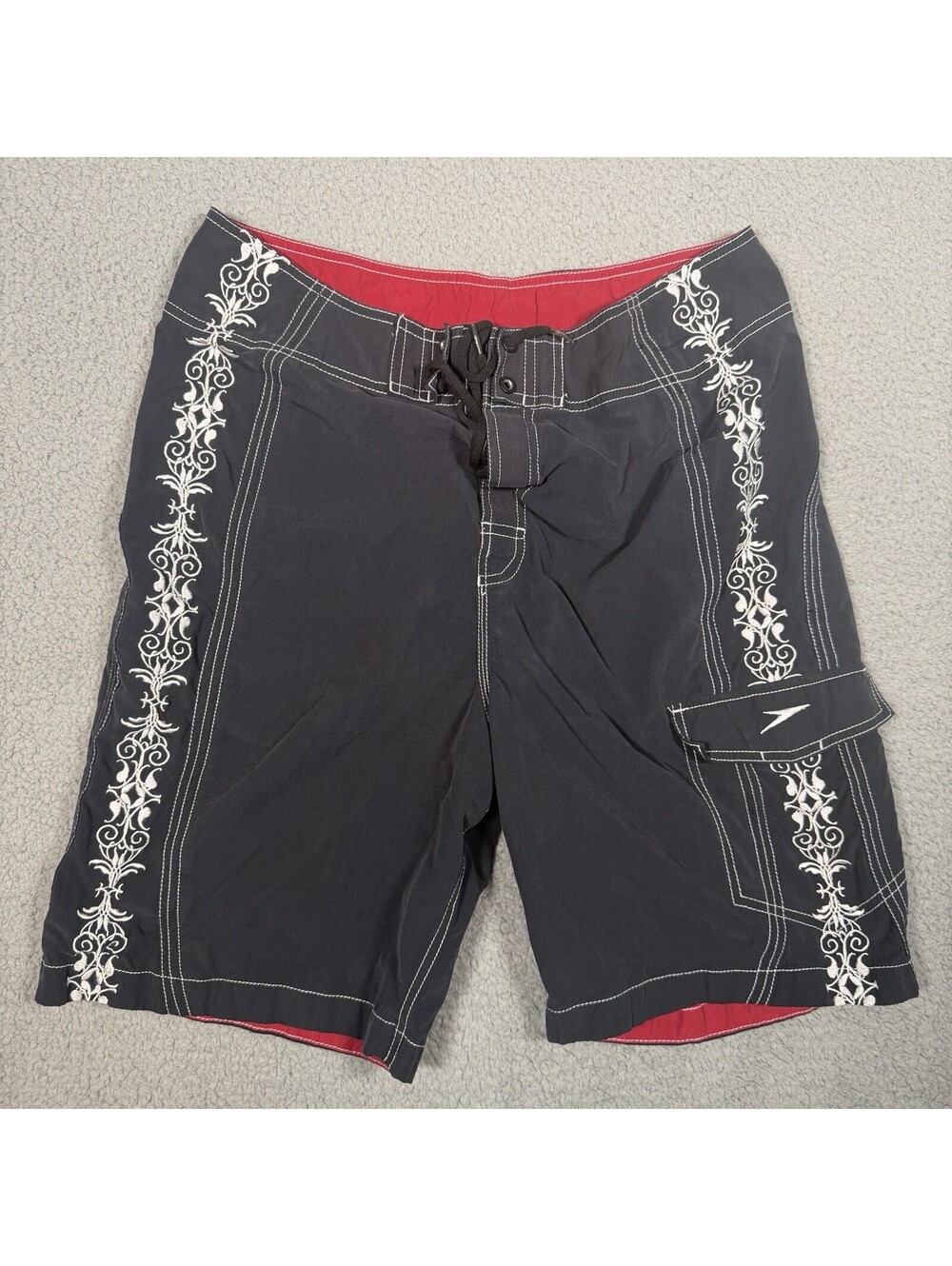 Speedo Board Shorts Mens 36 Navy Blue Drawstring Embroidered Beach Swimwear